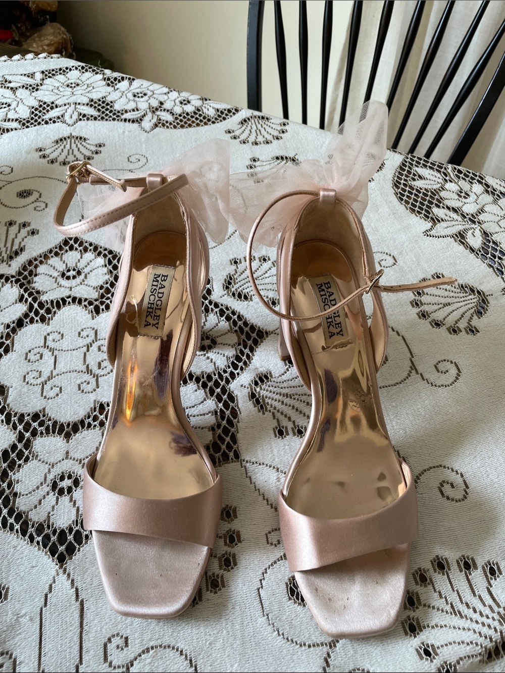Badgley Mischka Blush Satin Ankle-Strap Block High Heels with Tulle Bows